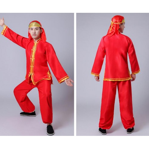 Men's Chinese folk dance costumes female red gold dragon drummer lion cosplay dance stage performance outfits tops and pants